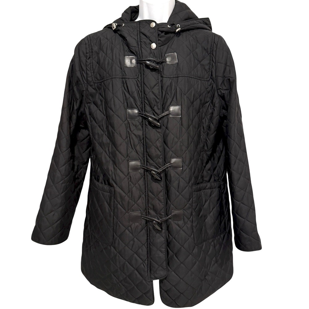 Michael Kors Women Coat XL‎ Quilted Black Hooded Mid Length Toggle Zip Snap